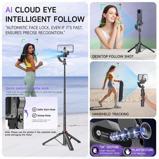 C22 AI Face Tracking Handheld Gimbal Stabiliser 360° Rotation Shoot Selfie Stick Tripod for Mobile Phone, 1/4'' Screw for Camera